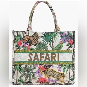 A&B Green and Brown Safari Beaded Tote Bag With Tropical Print